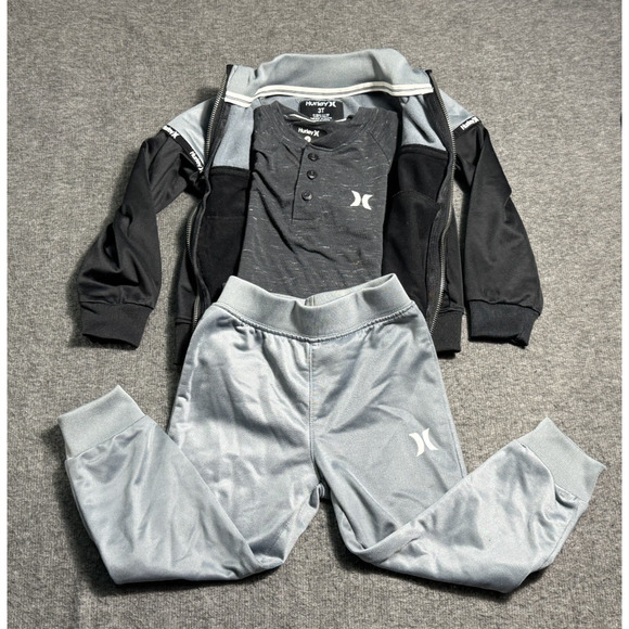 Hurley Gray & Black Colorblock 3-Piece Track Suit Joggers/Jacket/Henley 3T/4T - Picture 1 of 13